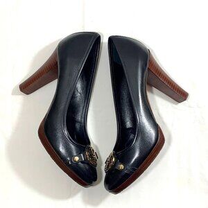 Black Tory Burch Calista Medallion Buckle Round Toe Stack Pumps